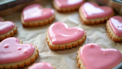 Fototapeta premium Heart shaped cookies just out of the oven, topped with shiny pink icing. These treats are beautifully arranged on parchment paper, ready for any occasion