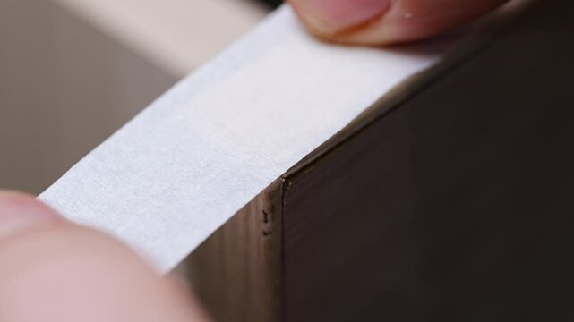 the master glues the veneer edge and fixes with masking tape, thin natural wood, came off the furniture. wear and tear of old furniture.