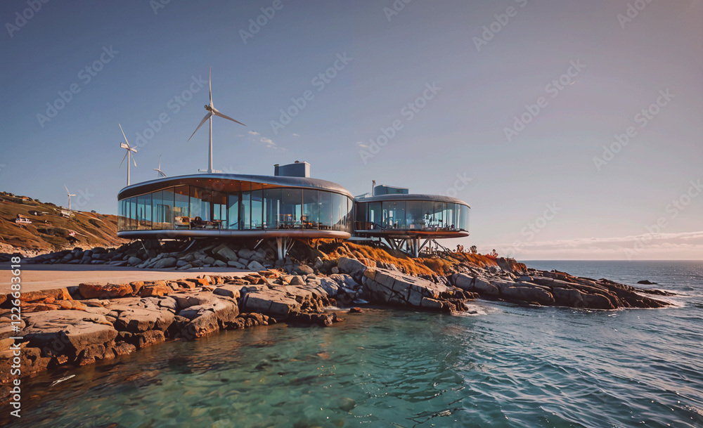 Aufkleber a large building with a lot of windows and a wind turbine on top. the building is on a rocky shoreli