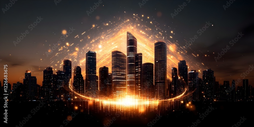 Poster a city skyline at dusk, highlighted by sparkling lights and dynamic visual effects, creating a futur