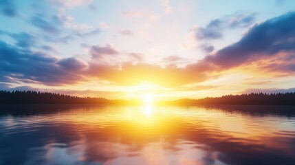 Obraz premium Stunning sunset over a tranquil lake surrounded by trees and vibrant sky colors of orange and pink