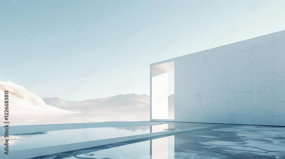 Poster a modern white building with a large window and a pool in front of it, with mountains in the backgro