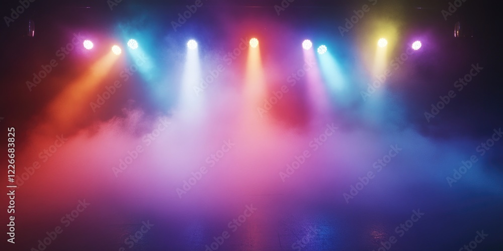 Poster a colorful light show with a foggy background. the lights are arranged in a row and are of different