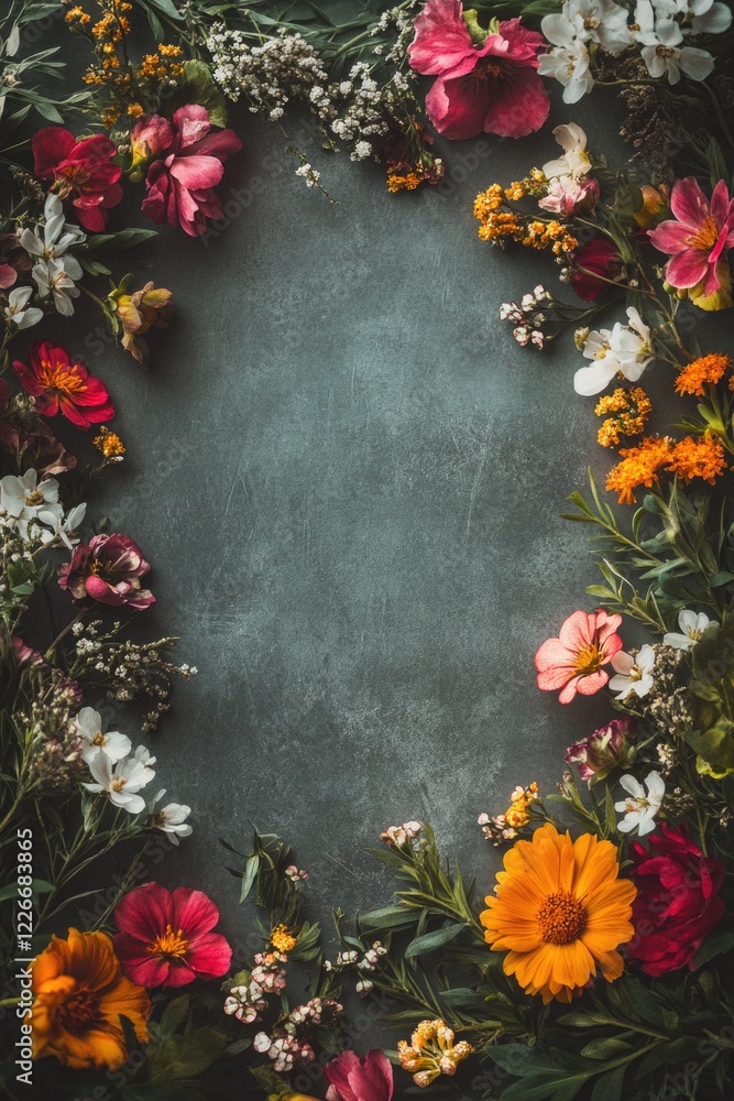 Poster a colorful flower arrangement is framed by a gray background. the flowers are arranged in a circular