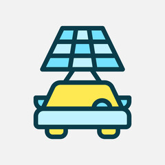 electric car solar energy icon Flat line color, free energy, ecology, renewable and green energy concept. Line and flat color icon.