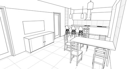  interior kitchen living room 3d illustration