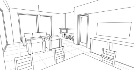  interior kitchen living room 3d illustration