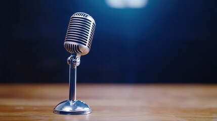 Vintage silver microphone on wooden stage with a blurred background and table in a performance setting