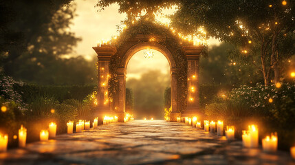 Magical Garden Archway Candles Romantic Evening Path warm stone fairy night lights golden yellow    