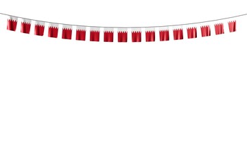 pretty feast flag 3d illustration. - many Bahrain flags or banners hangs on rope isolated on white