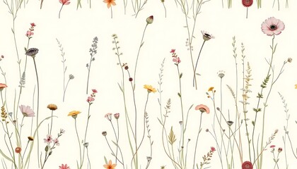 Delicate Wildflowers and Grasses in a Soft Floral Pattern
