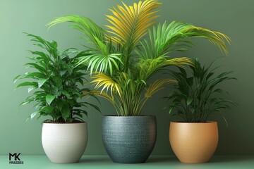 3D render of three potted plants, featuring a blue and yellow palm tree with long leaves in the center, simple design, isometric view, green background, low poly.