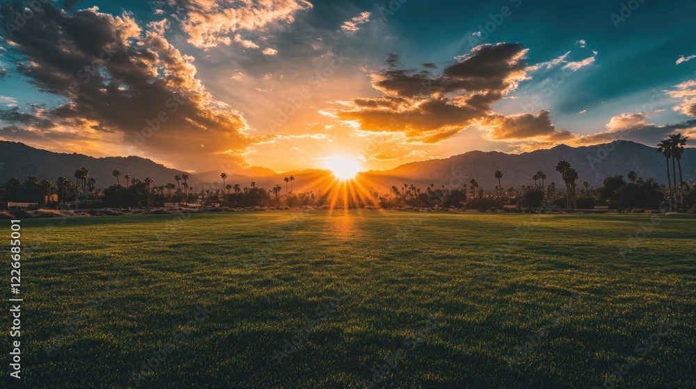 Poster a beautiful sunset over a field with a few palm trees in the background. the sky is filled with clou