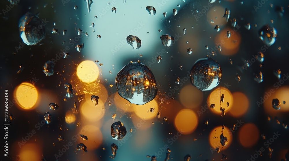 Poster macro shot of droplets on a window, with each drop magnifying the background in beautiful detail