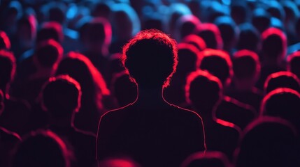 Silhouetted person in a large crowd illuminated by red and blue lights.