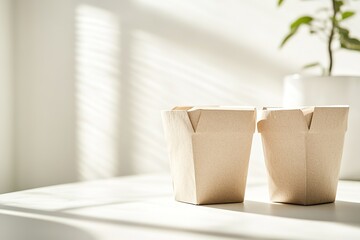 Two paper takeout containers on sunny table.