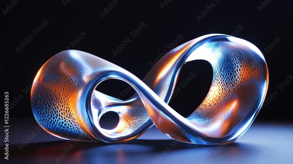 Poster a twisted, curved, and reflective object with a blue and orange hue. the object appears to be a piec
