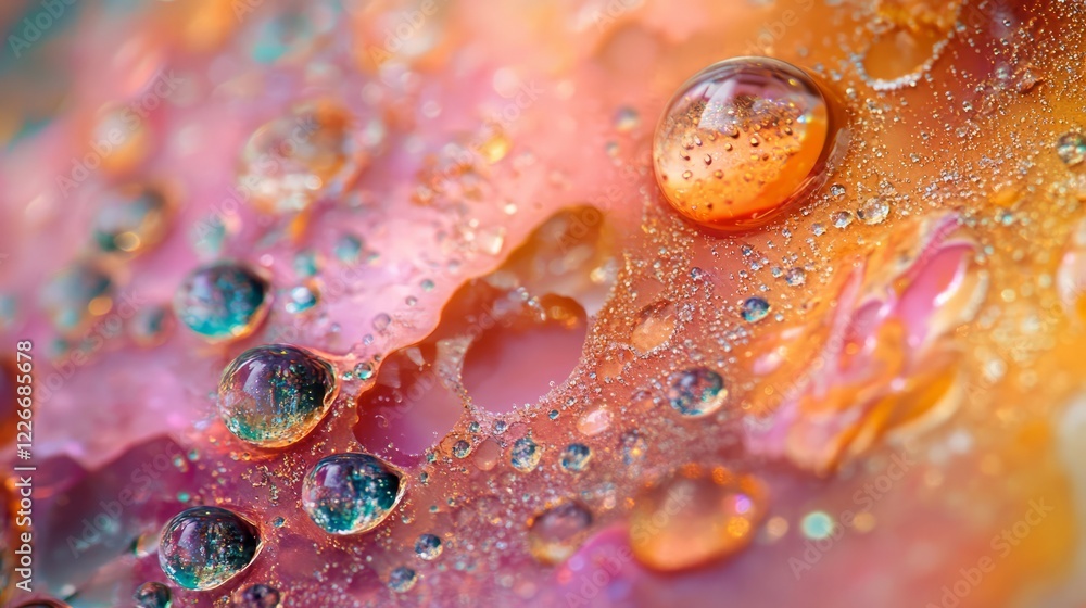 Poster macro shot of droplets on a window, with each drop magnifying the background in beautiful detail