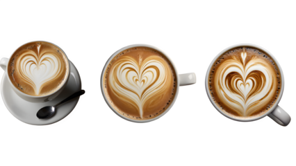 Three cups of coffee with intricate heart-shaped latte art designs isolated 