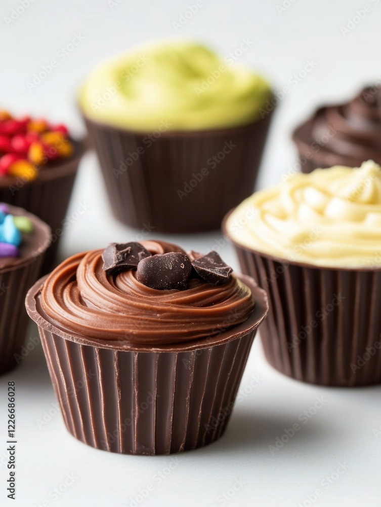 Aufkleber a row of cupcakes with different frostings and toppings. the cupcakes are arranged in a row, with th