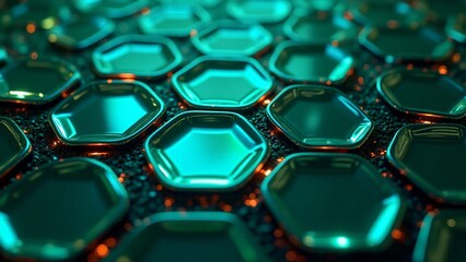Fototapeta premium A network of interconnected hexagons reflects light with metallic surfaces, creating a high-tech, cyberpunk design.