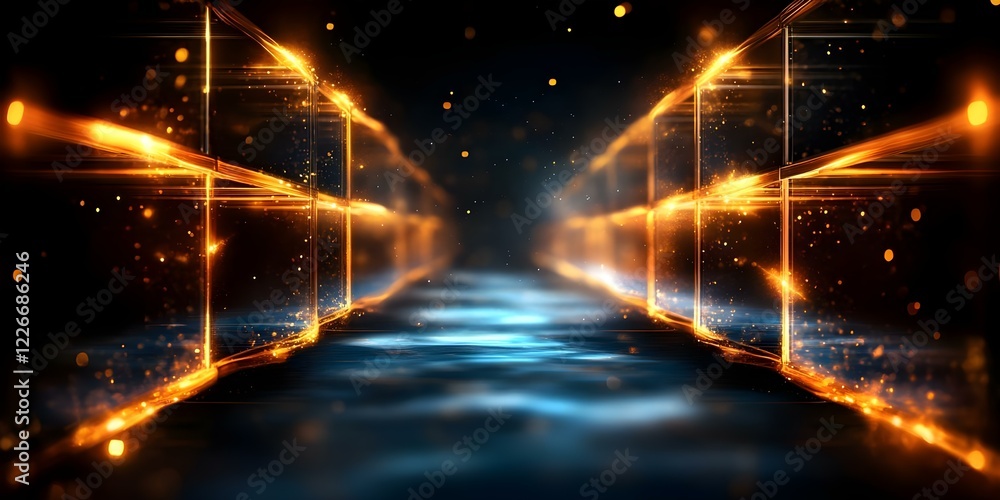 Poster a digital corridor with glowing, illuminated pathways and sparkling effects, creating a futuristic a