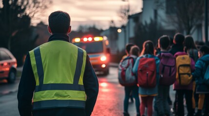 Safety Officer Monitors Emergency Response Near School Children