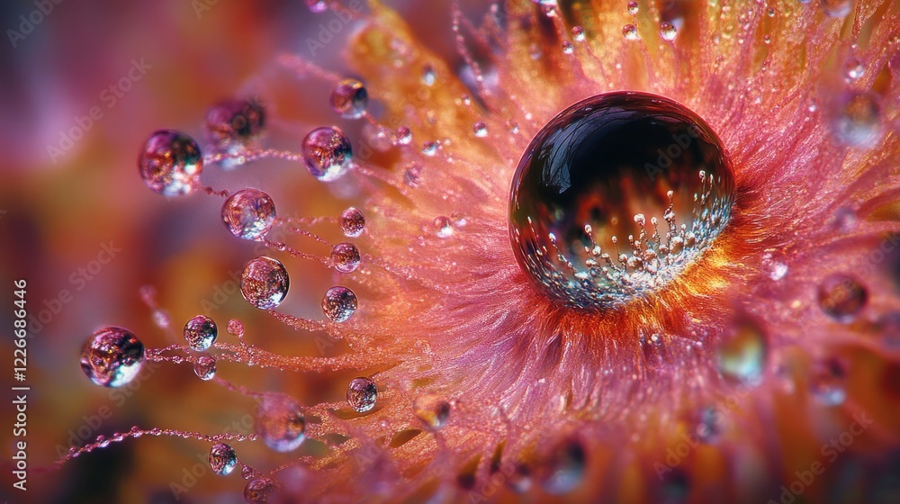 Poster macro shot of droplets on a window, with each drop magnifying the background in beautiful detail