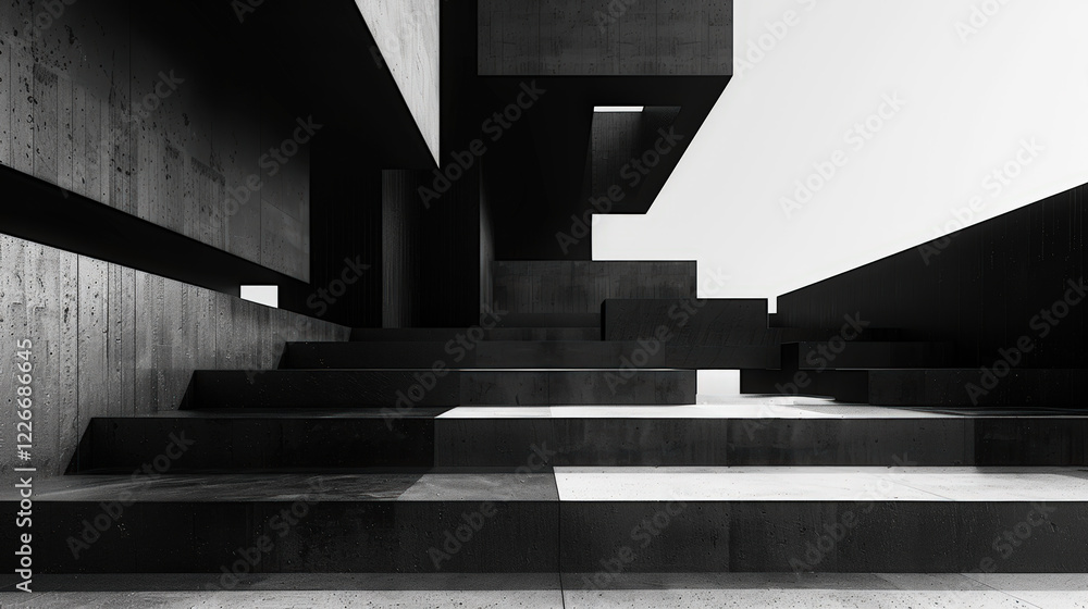Poster a black and white image of a modern building with a geometric design.