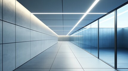 Modern minimalist hallway with glass wall and bright lighting