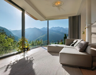 Fototapeta premium Modern interior with minimalist design and breathtaking mountain view in daylight