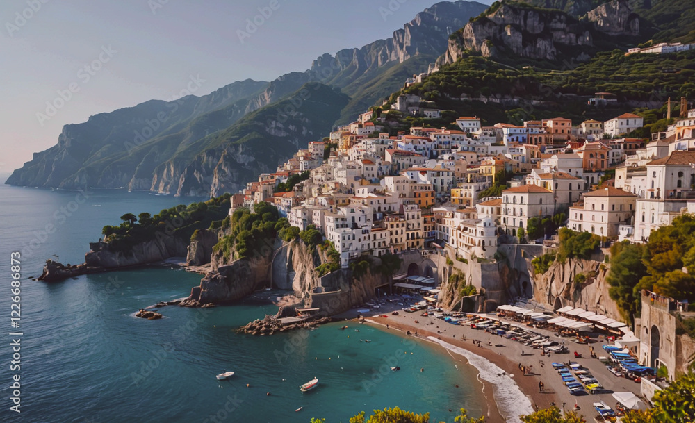 Aufkleber a beautiful beach with a small town in the background. the beach is crowded with people and there ar