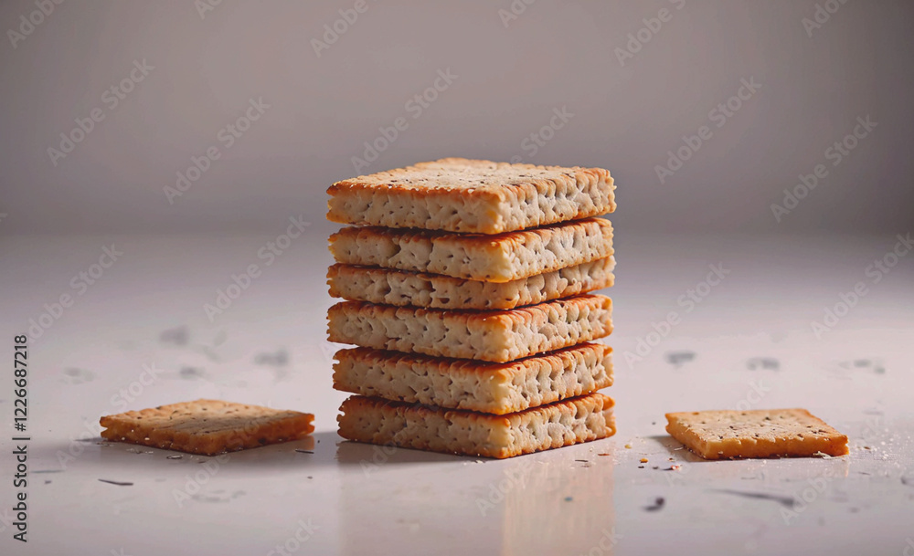 Poster A stack of crackers on a table. The crackers are white and have a slightly rough texture