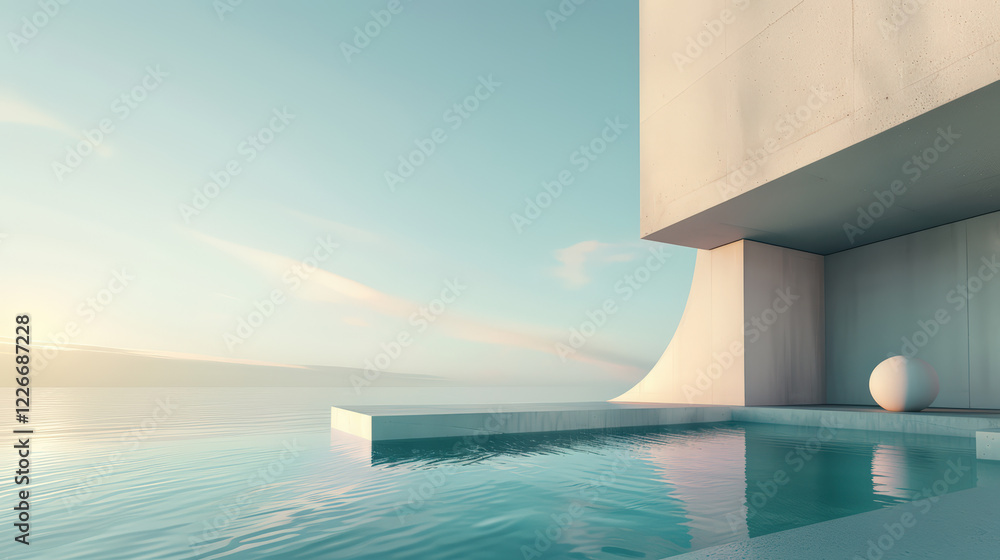Poster a modern white building with a curved wall and a pool in front of it.