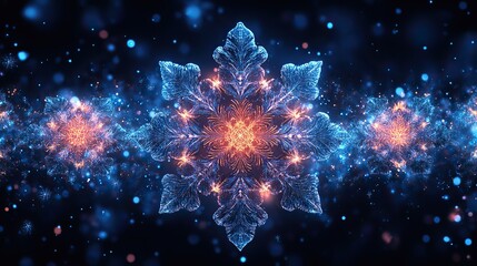 Fototapeta premium a pattern with interlaced snowflakes with a digital glitch and distortion effect on a dark blue background, a futuristic cyberpunk design, retro futurism webpunk disco aesthetic, cyberpunk neon colors