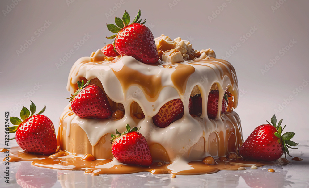 Poster a cake with a white frosting and strawberries on top. the cake is dripping with a white frosting, an