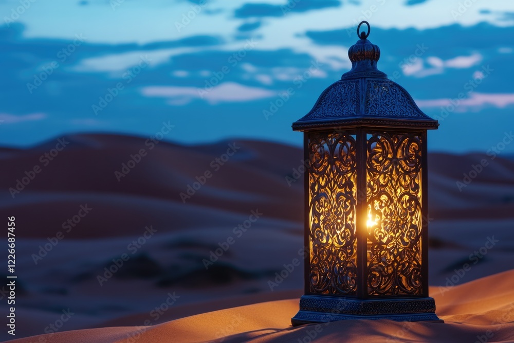 Poster a lantern is lit on a sandy desert landscape. the lantern is the only source of light in the scene, 