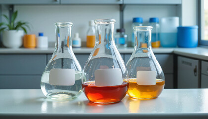 Laboratory flasks with colorful liquids on white countertop