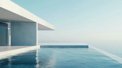 Obraz premium A modern white house with a large pool and ocean view.