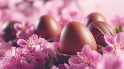 A bunch of chocolate eggs are sitting on top of pink flowers. The eggs are surrounded by the flowers, creating a beautiful and romantic scene. The chocolate eggs are a symbol of love and affection