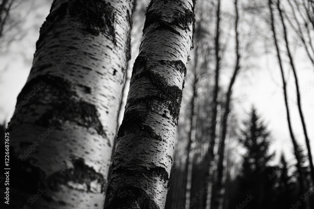 Aufkleber the close-up texture of birch tree bark against the backdrop of a forest.