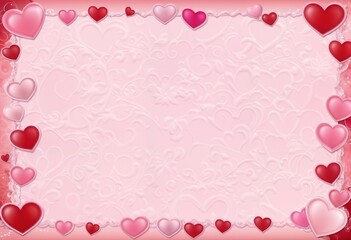 Decorative background with hearts and floral patterns in pink tones for romantic occasions