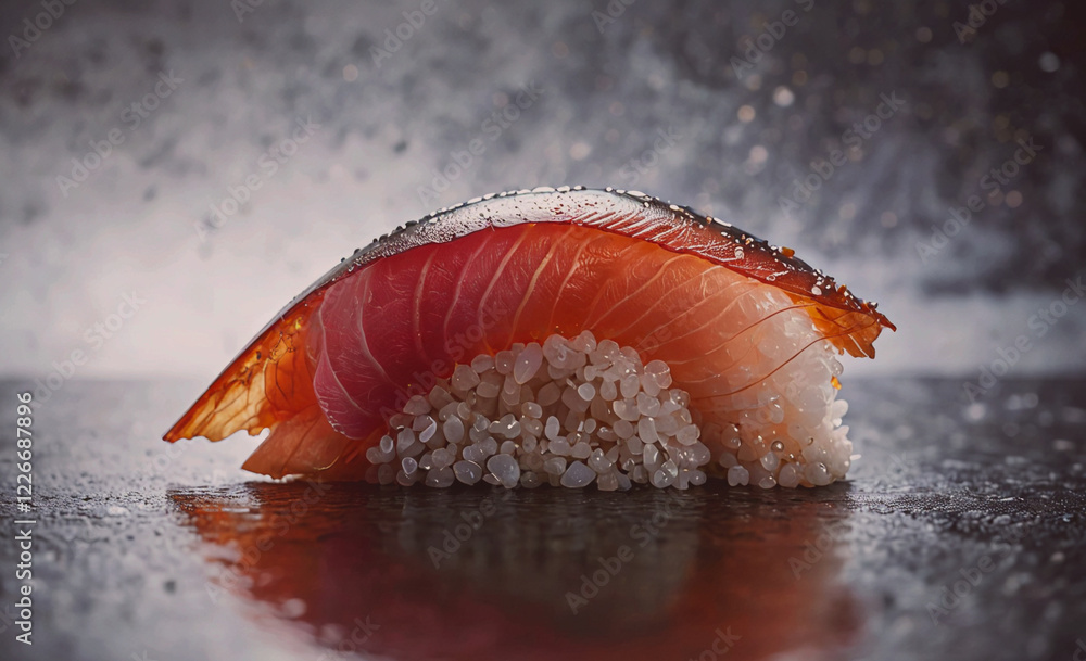 Poster a piece of sushi with rice and meat on top. the sushi is sitting on a table. the sushi is very color
