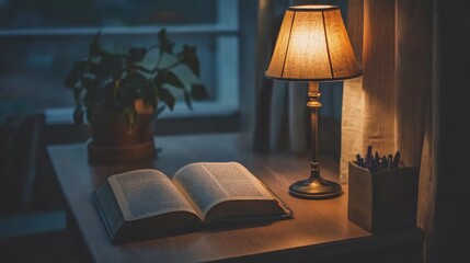 Obraz premium Cozy Evening with Open Book and Lamp on Wooden Table