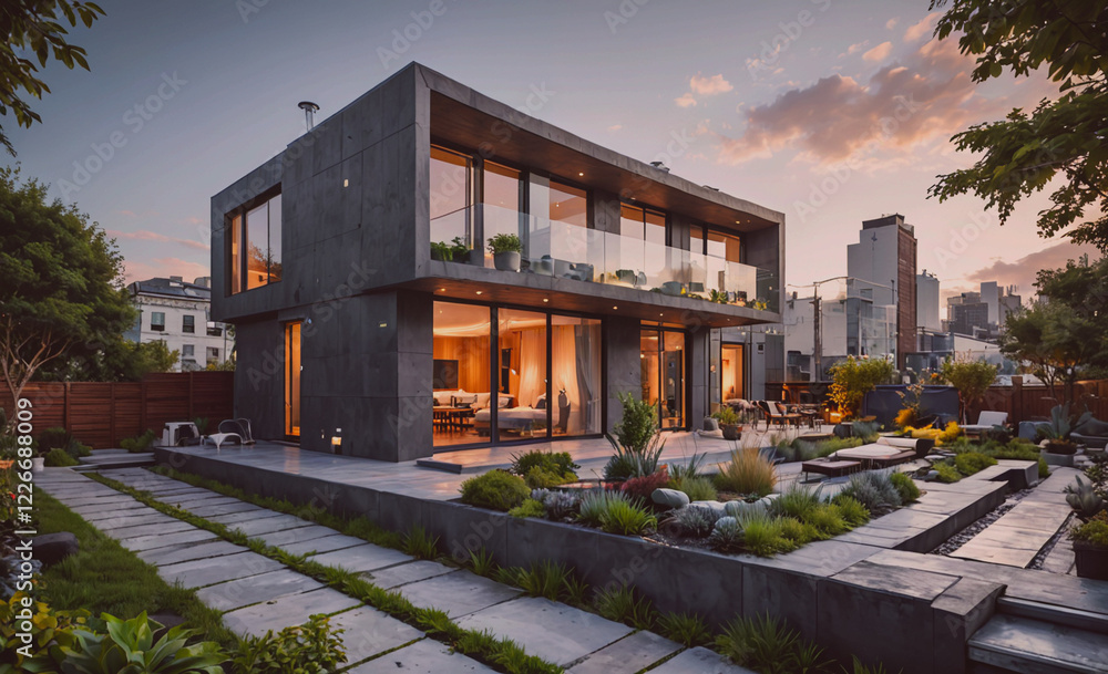 Poster A large house with a large yard and a pool. The house is surrounded by trees and has a modern design