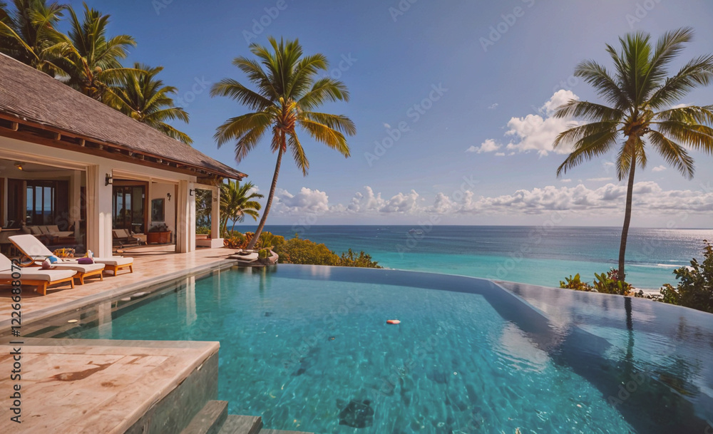 Aufkleber A large pool with a beach view and palm trees in the background. The pool is surrounded by a white house with a balcony overlooking the ocean