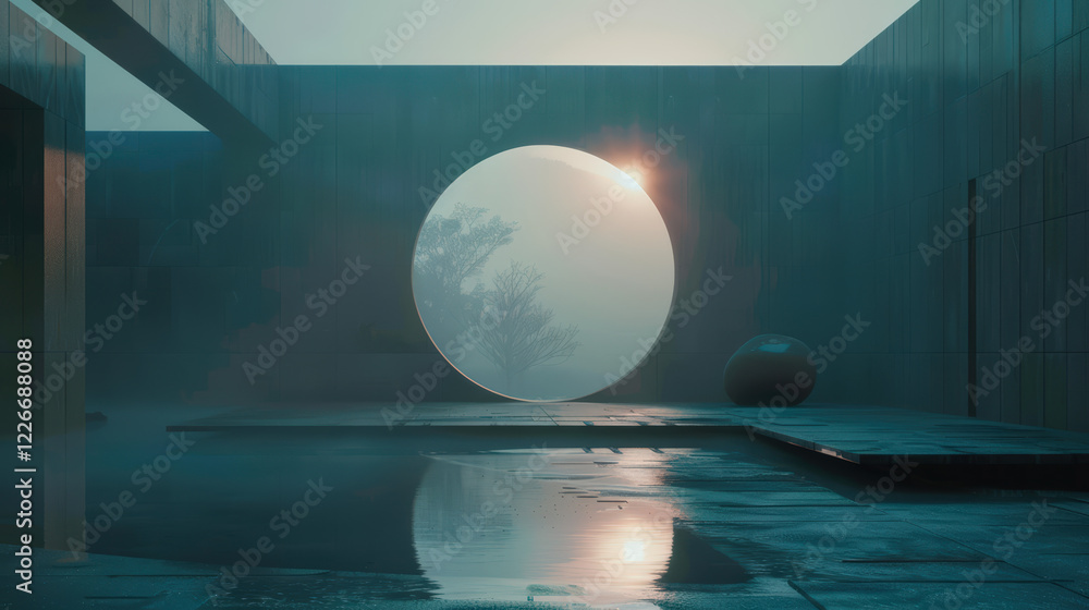 Poster a large circular window in a dark room, with a tree reflected in it and a ball on the floor.