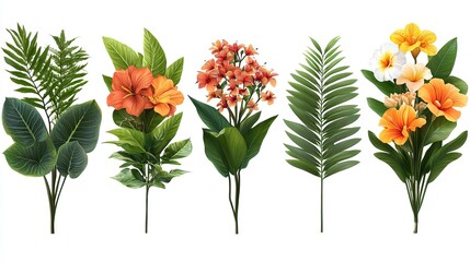 A set of six bouquets of various fresh tropical leaves and flowers isolated on a white background, perfect for wedding invitations or decorations.