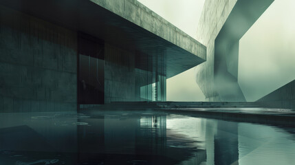 Obraz premium A futuristic building with a concrete exterior and glass windows.