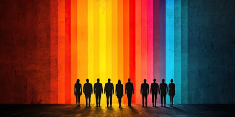 Silhouetted figures stand before vibrant rainbow stripes, symbolizing diversity, unity, and creativity in an engaging visual display.